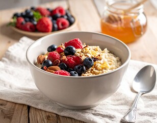 Close-Up of a Bowl of Oatmeal with Fresh Raspberries, Blueberries, and Almond Slices