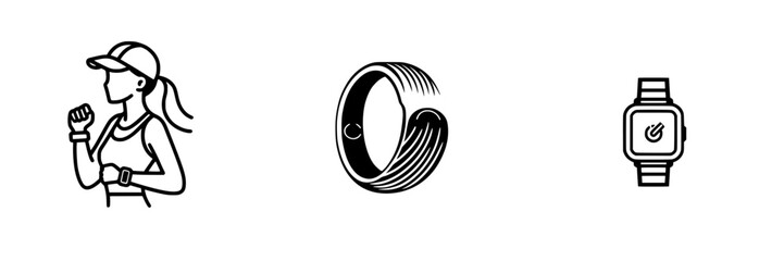 Fitness tracker icons displaying a runner, a fitness band, and a smartwatch for active lifestyle monitoring and health management
