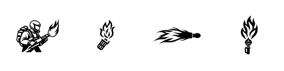 Vector illustration showing various fire-related icons including a firefighter, a torch, a flame thrower, and a fire extinguisher