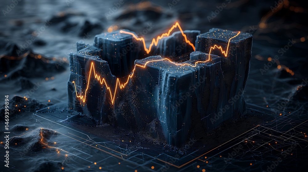 Poster abstract graphic of data visualization, showing a 3d block with overlaid financial chart