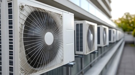 A cityscape with a large building in the middle. The building has a large fan on the roof