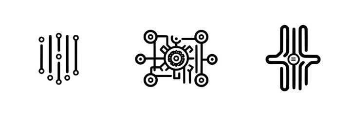 Obraz premium Vector illustration of three modern technology icons featuring circuits, gears, and connections in a minimalist style