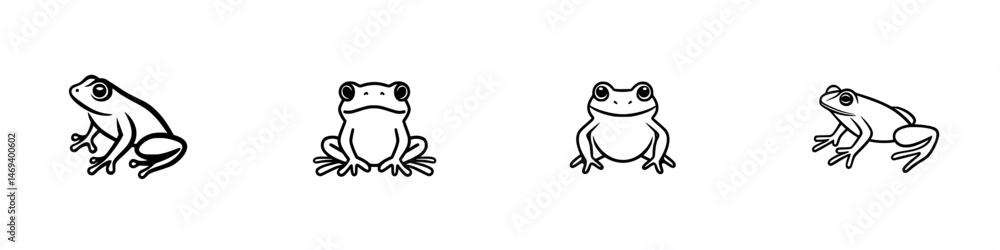 Poster vector illustration of four distinct frog poses showcasing different angles and expressions in a sim