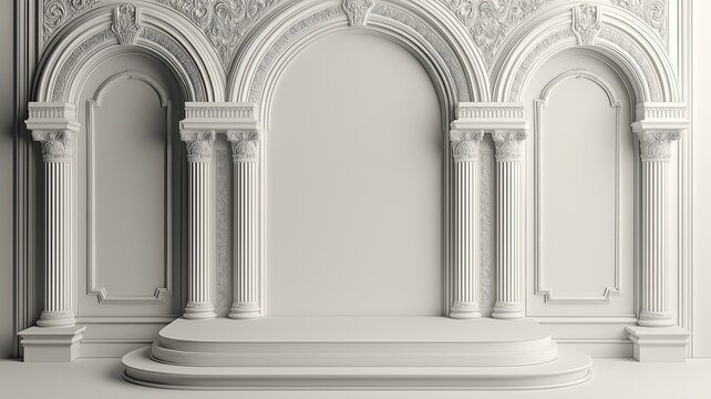 Ornate neoclassical stage with grand arched columns and intricate plasterwork, elegant white photography backdrop, classical interior with raised platform and decorative molding decor. - Powered by Adobe