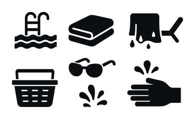 Fototapeta na wymiar Pools and beaches solid icons set – flat, filled, swim and summertime symbols