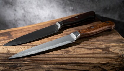 Twin blades one dark and one bright rest upon a rustic wooden plane