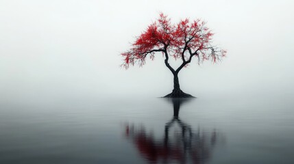 A tree growing out of a lagoon surrounded by mist, its branches reaching toward the sky.