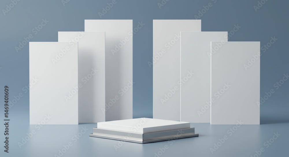 Aufkleber presentation stage with white rectangular displays
