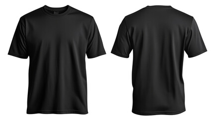 A set of stylish black crew-neck T-shirts shown from dual perspectives, isolated on a transparent background