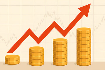 Profit growth: stacks of coins with a red arrow chart in the background indicating financial success.