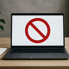 A laptop screen displays a red prohibition symbol, indicating a block or restriction.