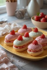 Obraz premium Delicious strawberry shortcake pastries elegantly arranged on a yellow plate, showcasing their vibrant colors and enticing textures for a delightful dessert experience and culinary indulgence