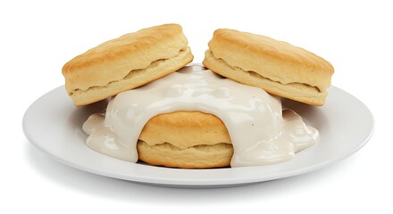 Biscuits and gravy served on a white plate