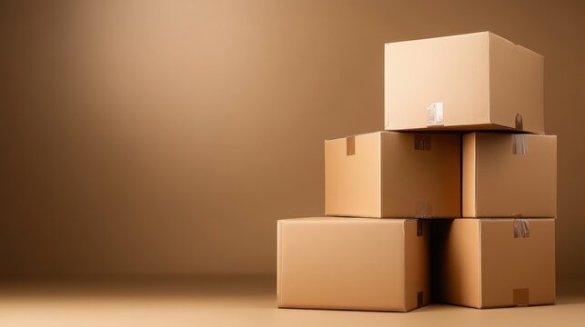 A neat stack of cardboard boxes set against a warm brown background, ideal for packing, moving, or storage, symbolizing organization and practicality in everyday life.