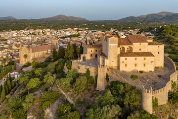 Aerial view of Arta town in Mallorca at sunrise, Balearic Islands, Spain.
