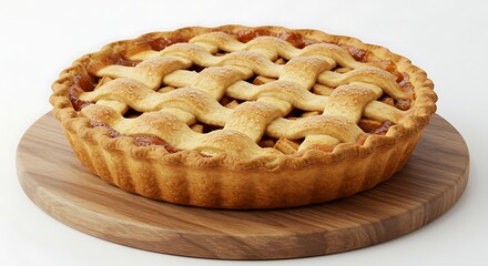 Freshly baked apple pie with lattice crust on wooden board
