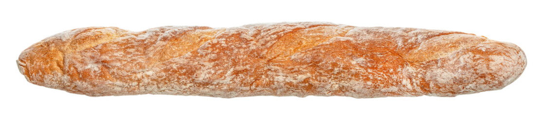 Rustic French sourdough baguette isolated on white background,