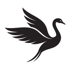 Clean flying swan illustration in black silhouette line art style on transparent background