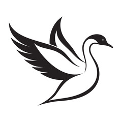 Black silhouette of flying swan in line art vector style isolated on transparent background