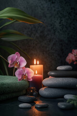 A serene spa setting with pink orchids, a white towel, and two lit candles reflecting on water, creating a calming ambiance.