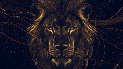 Lion Outline in Dots and Lines: A majestic lion's face created with gold dots and fine lines, forming the detailed contours and mane, against a dark background. 
