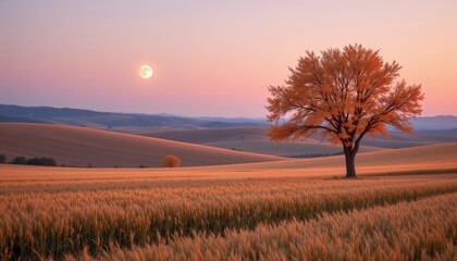 Fototapeta premium Golden Field with Tree at Moonrise