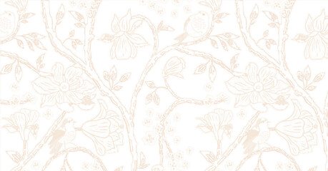 Fototapeta premium Delicate beige floral illustration on a soft white background with fine dotted texture and flowing vine design.