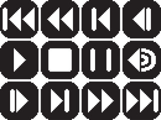 Rewind fast reverse back play stop pause volume forward fast forward next button border black flat icon black-white vector pixel art icon
