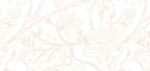 Delicate beige floral illustration on a soft white background with fine dotted texture and flowing vine design.