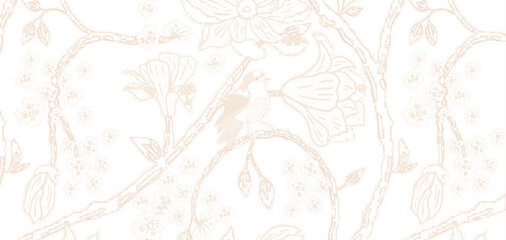 Delicate beige floral illustration on a soft white background with fine dotted texture and flowing vine design.