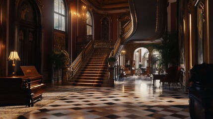 Opulent Grand Hall with Sweeping Staircase and Refined Architectural Details
