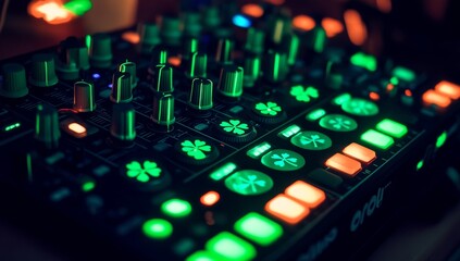 Fototapeta premium Close-up of a DJ mixer with illuminated controls. Green and orange lights highlight knobs and buttons