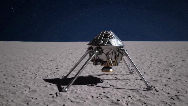 Lunar exploration: robotic lander touching down on moon surface under starry sky
