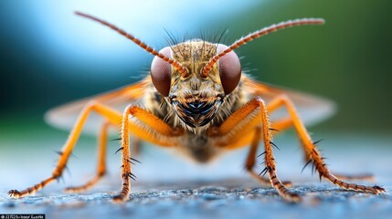 Fototapeta premium A striking close-up perspective of a brownish insect showcasing its fascinating details, including large eyes and antennae, against a blurred green environment.