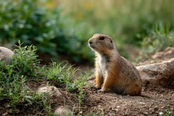 Fototapeta premium Prairie Dog in Serene Meadow: A Naturalistic Portrait