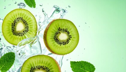 Vibrant kiwi rounds and fresh mint leaves tumble with ice in a refreshing splash over a light green canvas