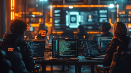 Team of Software Engineers Coding at Night in a Modern Tech Office coding night office modern data