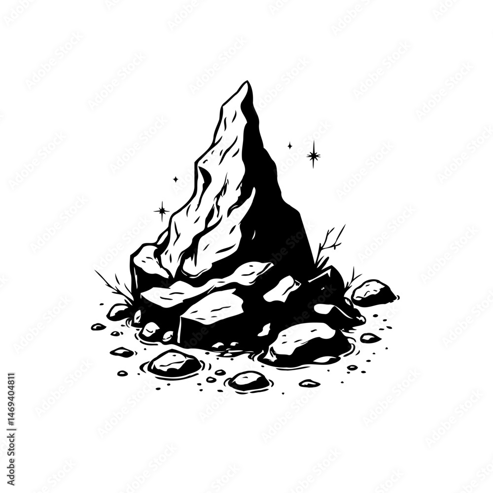 Poster stylized monochromatic rock formation with subtle sparkling details in a simple design
