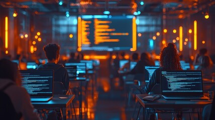 Focused Young Developer Coding in Neon Lit Tech Environment developer coding young man programmer ai