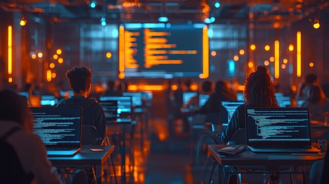 Focused Young Developer Coding in Neon Lit Tech Environment developer coding young man programmer ai - Powered by Adobe