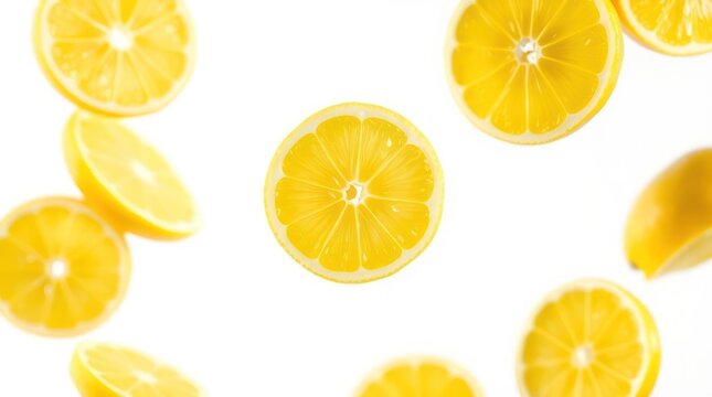 Vibrant lemon slices levitating against a stark white backdrop