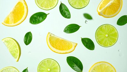Vibrant lemon and lime slices accompanied by fresh green leaves rest on a pale dewy surface
