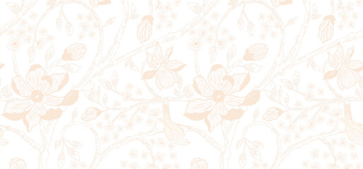 Delicate beige floral illustration on a soft white background with fine dotted texture and flowing vine design.
