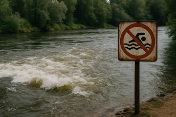 A “No Swimming” sign by a turbulent river, warning of life-threatening danger.