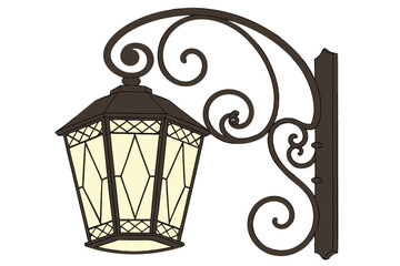4 A traditional-style outdoor wall sconce with a decorative metal frame, featuring a warm, glowing light source illuminating the fixture's interior