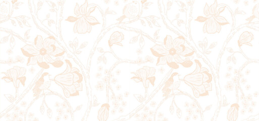 Delicate beige floral illustration on a soft white background with fine dotted texture and flowing vine design.