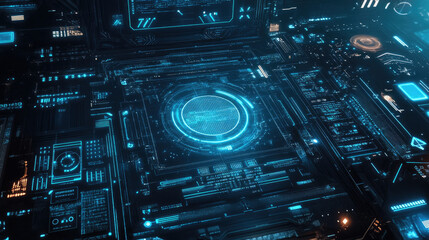 Fototapeta premium Abstract background with cool blue gradient and faint digital HUD overlays forming a clean, minimalist network interface 