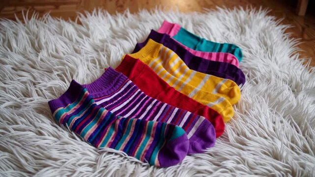 Colorful socks arranged on fluffy rug: pattern, style, and texture display