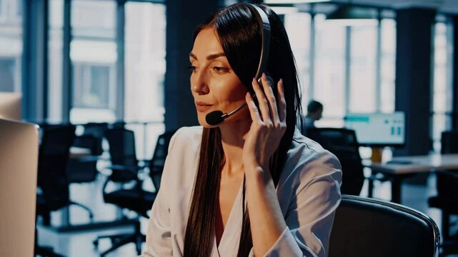 Professional customer service agent engaged in lively office environment calls