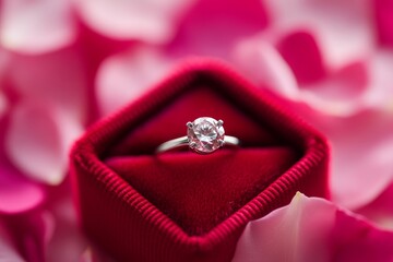 Sparkling diamond ring in a red velvet box, surrounded by rose petals